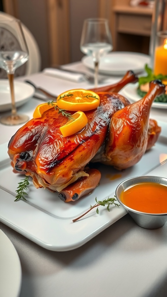 A roasted duck with crispy skin garnished with orange slices and thyme, served with orange sauce on a platter.